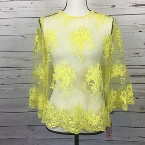 Nanette Lepore Yellow Lace Sheer Blouse, Size M